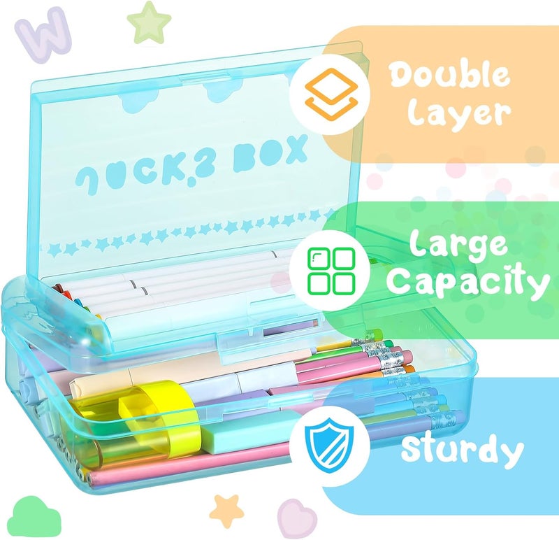 Fainne Double Layer Pencil Box with 3 Stickers Large Capacity Plastic Pencil Case Clear Crayon Box Organizer with Letter Star Cloud Stickers for School Gel Pens Erasers Art Craft Supplies(Green) - Image 4