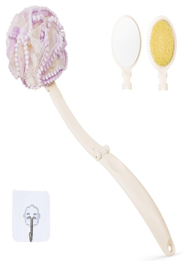 Topfinder Loofah Sponge with Handle,Back Scrubber Brush for Shower, Lotion Applicator for Back,3 in 1 Shower Kit (Purple loofah) - Image 1