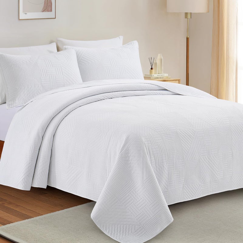 Lavsiry White Quilt Full/Queen Size with Pillow Shams  Summer Soft Geometric Pattern Bedspread  3 Pieces Lightweight Coverlet Bedding Set for All Seasons - Image 2