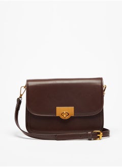 Solid Crossbody Bag with Detachable Strap and Clasp Closure