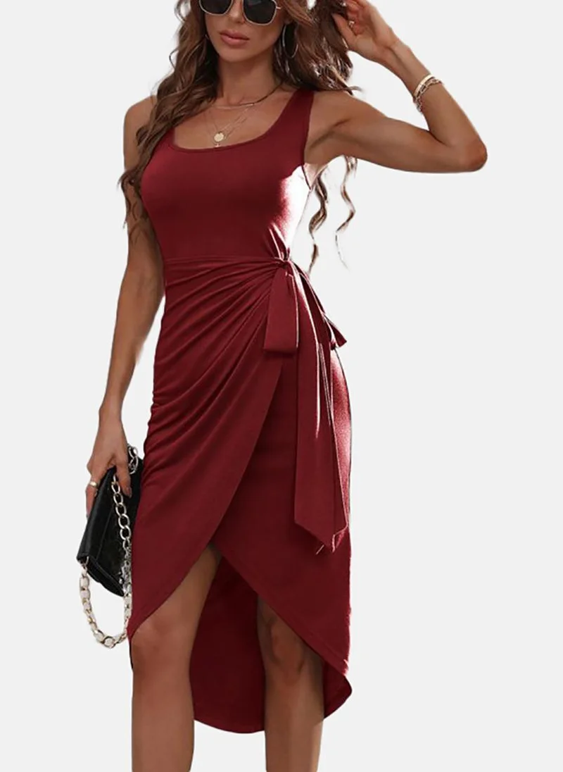 يونيكي Red Solid Sleeveless U-neck Midi Wrap Dress