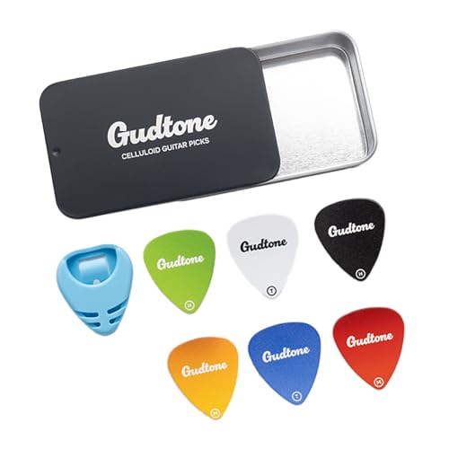 Gudtone Celluloid Guitar Picks Pack of 6 Includes Sliding Tin Box & Holder, Thin, Medium & Heavy Thickness, Random Colors - Image 1