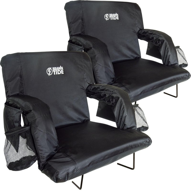 Brawntide Portable Stadium Seat Chair Extra Thick Padding Adjustable Bleacher Strap Shoulder Straps 4 Pockets Water Resistant For Sporting Events Beaches Parks Camping Black 2 Pack