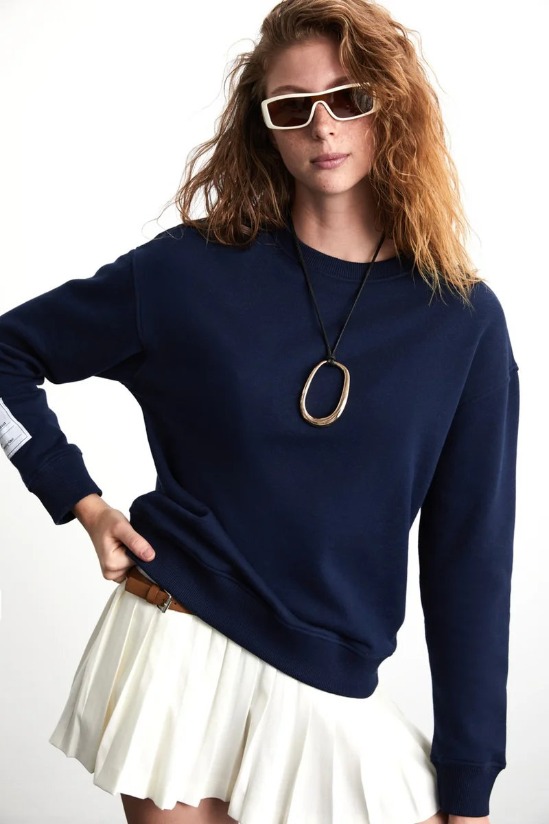 جريميلانج Sahıan Women's Organic Cotton 3 Thread Inside Raised Sleeve Label Detail Regular Navy Blue Sweatshirt