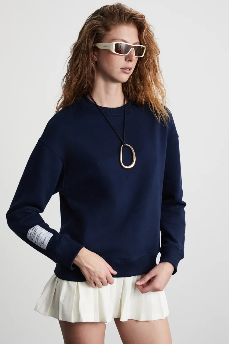 جريميلانج Sahıan Women's Organic Cotton 3 Thread Inside Raised Sleeve Label Detail Regular Navy Blue Sweatshirt