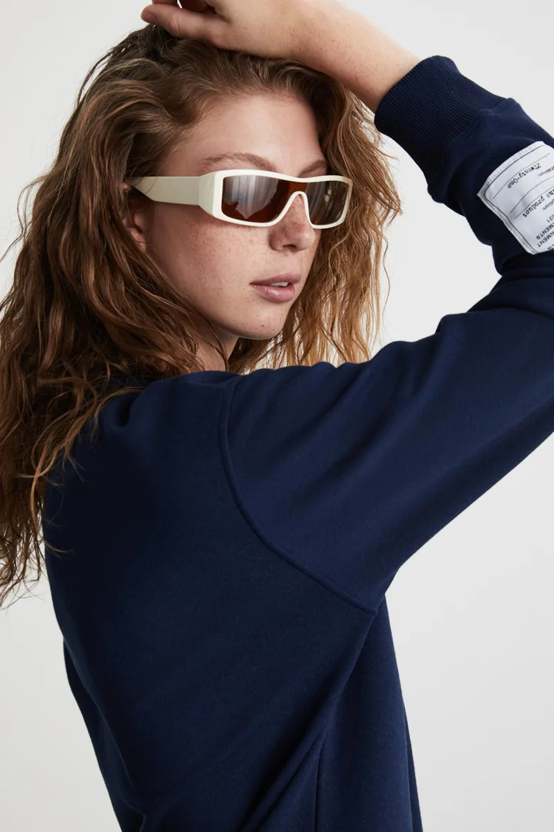 جريميلانج Sahıan Women's Organic Cotton 3 Thread Inside Raised Sleeve Label Detail Regular Navy Blue Sweatshirt