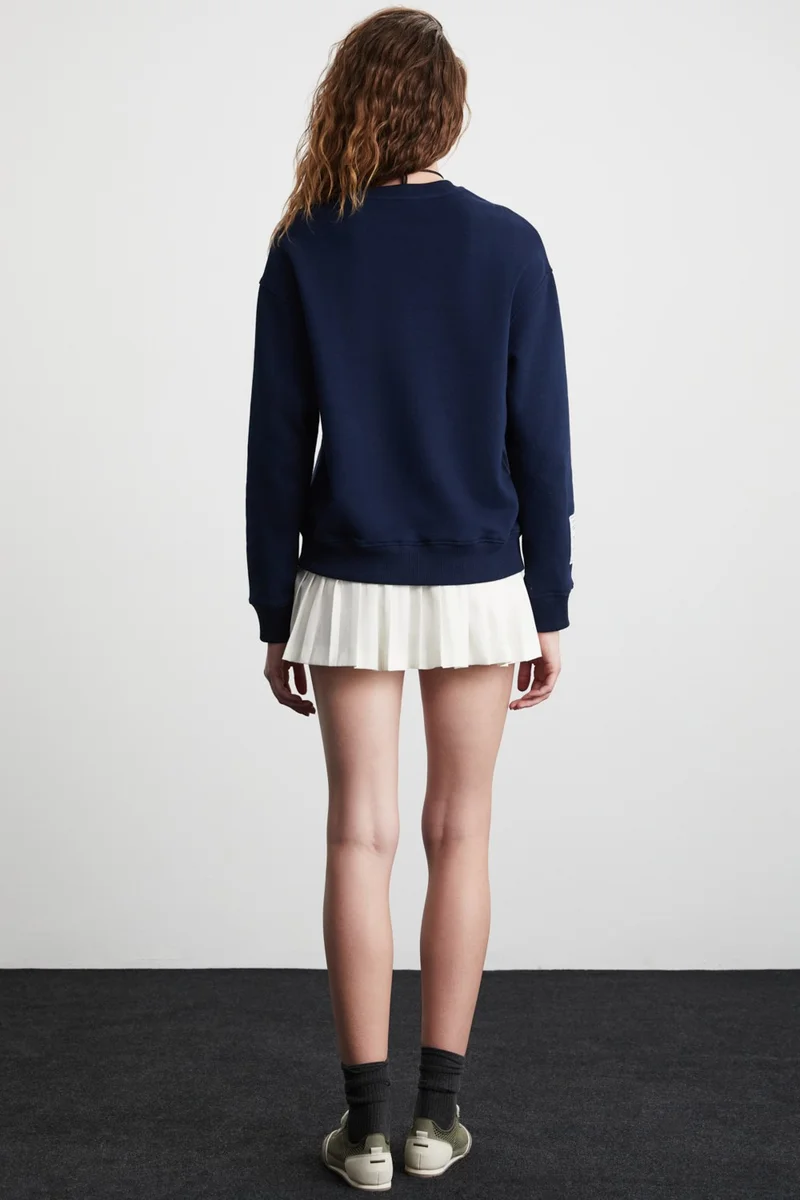 جريميلانج Sahıan Women's Organic Cotton 3 Thread Inside Raised Sleeve Label Detail Regular Navy Blue Sweatshirt