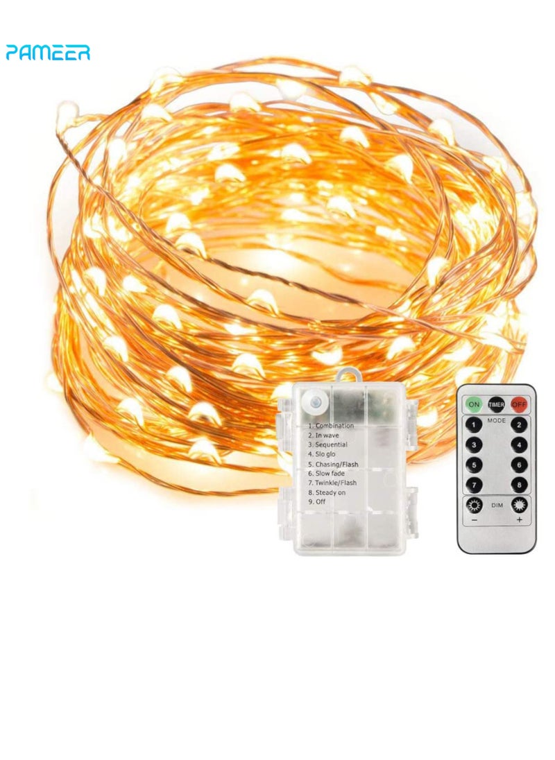PAMEER Remote Control Fairy String Lights 33 feet 100 LEDs Warm White Battery Operated LED String Lights Lights for Christmas EID Ramadan Diwali Wedding Birthday Party Home Decoration Waterproof with 8 Modes  - Image 1