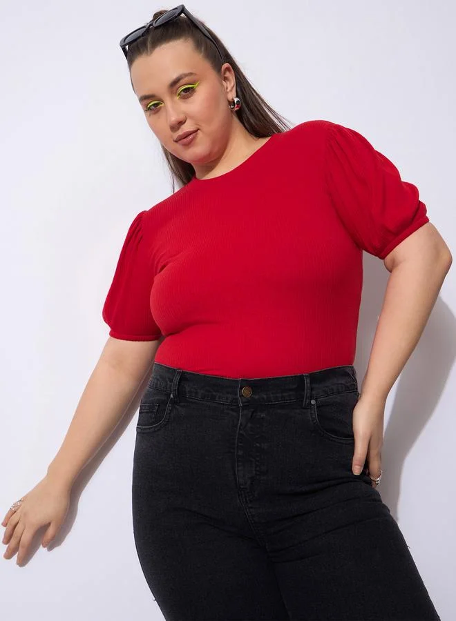 SASSAFRAS Sassafras Plus Size Red Ribbed Top with Puff Sleeves