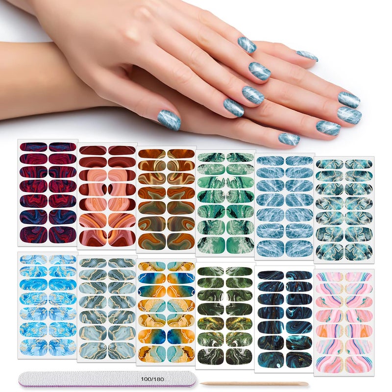 DANNEASY Marble Print Nail Wraps for Women  Self Adhesive Polish Strips Gel Strips Fingernail Stickers for Nail Art With File Cuticle Stick 12 Sheets