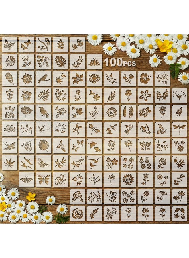 Fainne 100 Pcs Stencils for Painting on Wood Reusable Stencil Crafts Drawing Templates Holiday Stencils Wall Paper Stencil Set for DIY Art Scrapbook Home Decor 2 x 2 Inch (Flower, Plants) - Image 1
