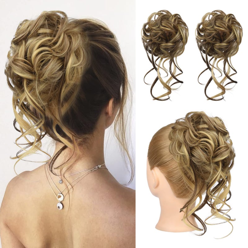 HOOJIH Messy Bun Hair Piece 2PCS Tousled Updo with Tendrils Bun Extensions Wavy Curly Hair Wrap Ponytail Hairpieces Scrunchies for Women HB010 Dasiy  Medium Brown with Blonde Highlights