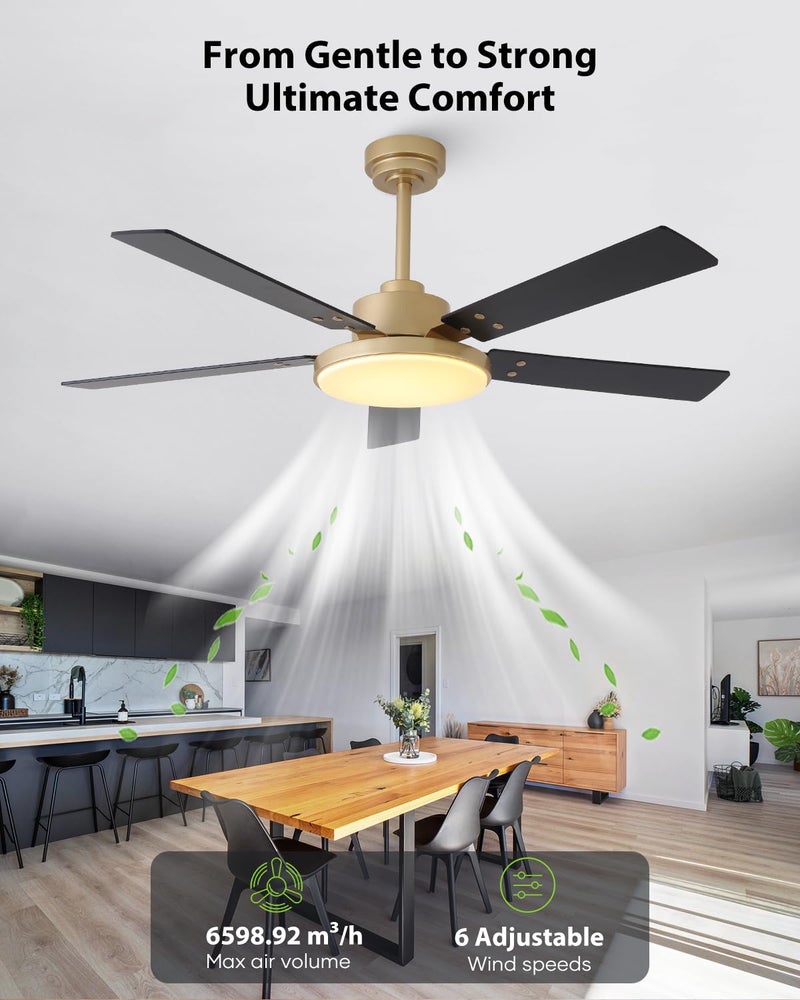 Vaczon 52 Inch Gold Ceiling Fans with Lights and Remote/APP, Modern Sleek Black and Gold Ceiling Fan, ETL Listed, Indoor Outdoor Smart Black Ceiling Fan for Bedroom Living Room Patio, 3CCT, 6 Speeds - Image 2