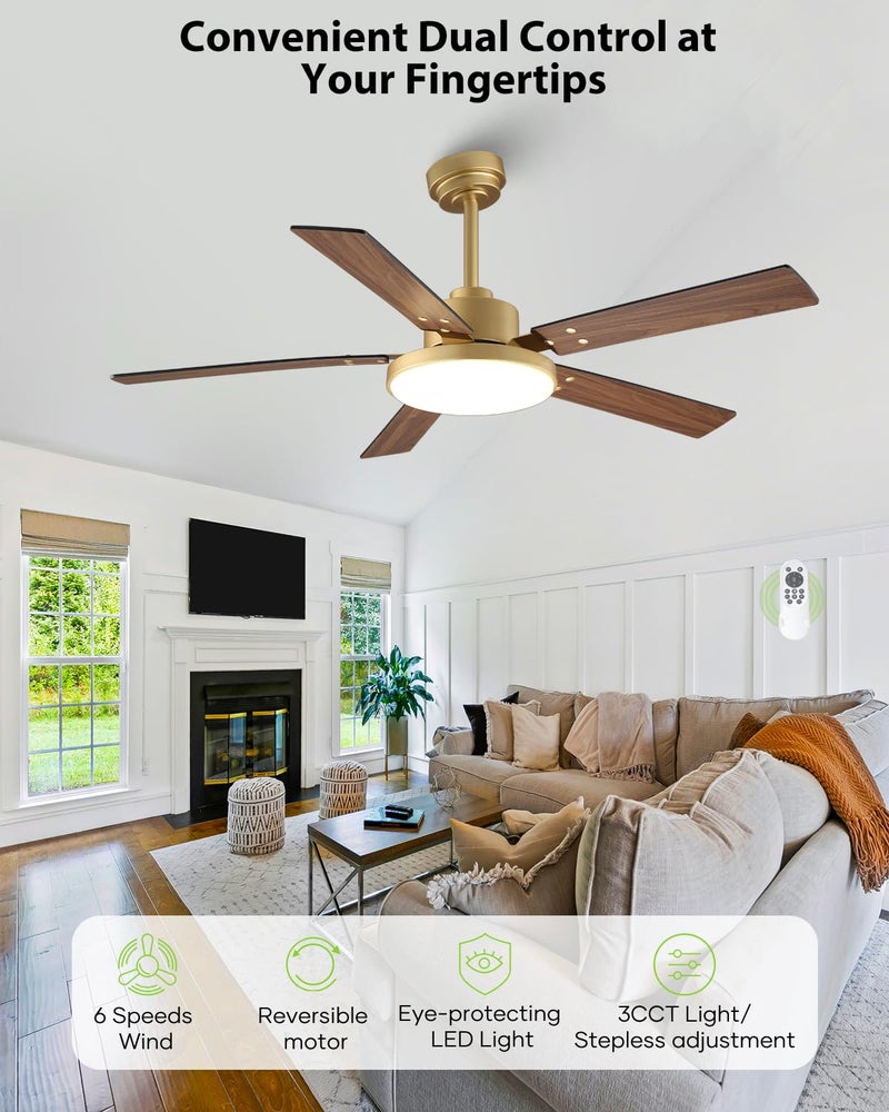 Vaczon 52 Inch Gold Ceiling Fans with Lights and Remote/APP, Modern Sleek Black and Gold Ceiling Fan, ETL Listed, Indoor Outdoor Smart Black Ceiling Fan for Bedroom Living Room Patio, 3CCT, 6 Speeds - Image 5