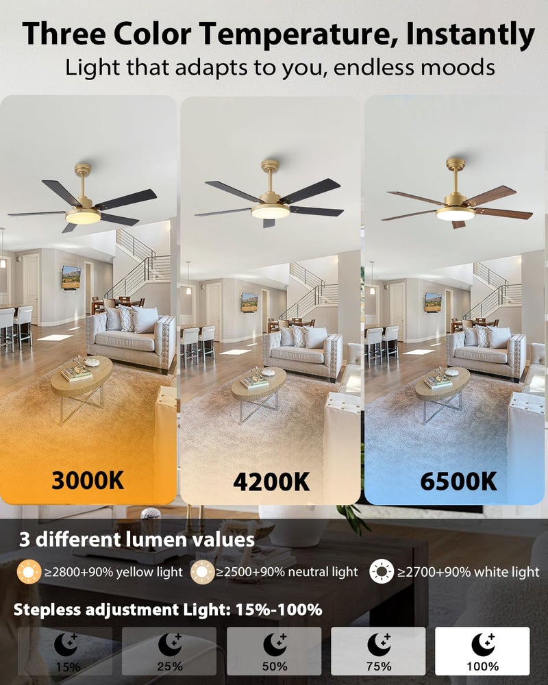 Vaczon 52 Inch Gold Ceiling Fans with Lights and Remote/APP, Modern Sleek Black and Gold Ceiling Fan, ETL Listed, Indoor Outdoor Smart Black Ceiling Fan for Bedroom Living Room Patio, 3CCT, 6 Speeds - Image 3