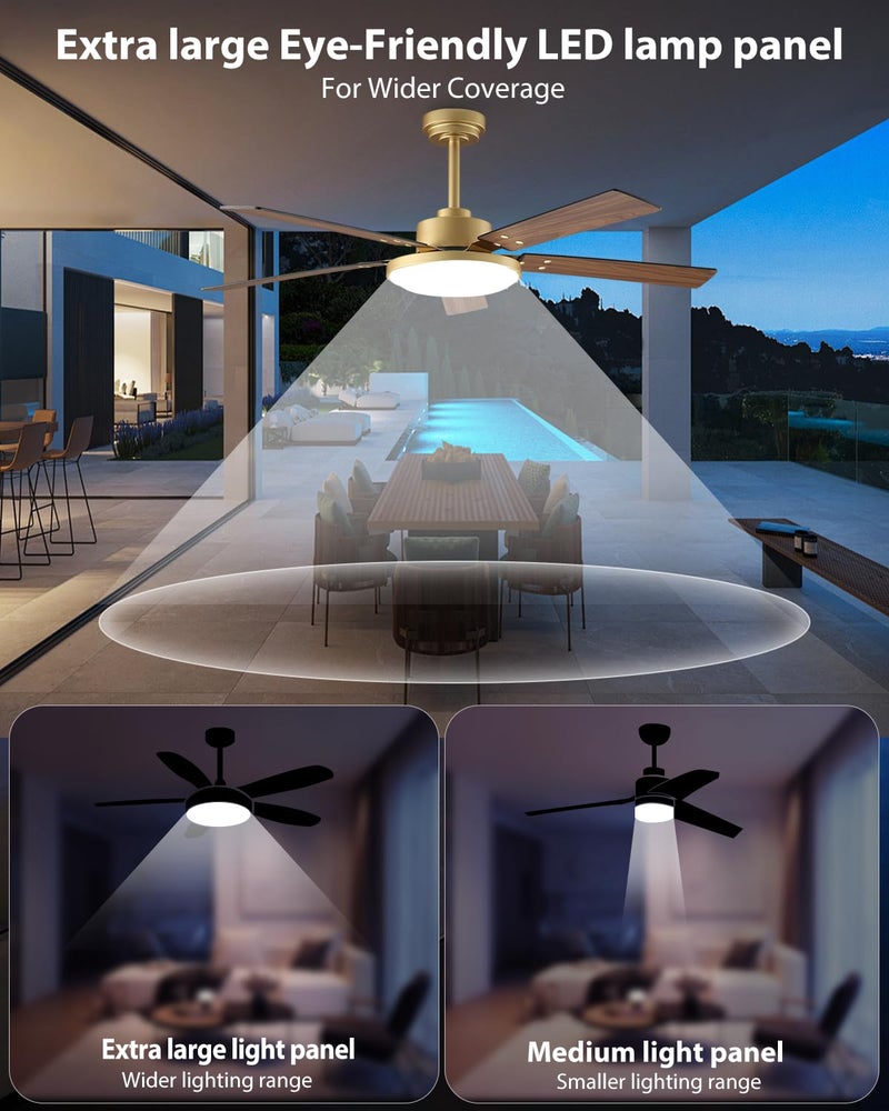 Vaczon 52 Inch Gold Ceiling Fans with Lights and Remote/APP, Modern Sleek Black and Gold Ceiling Fan, ETL Listed, Indoor Outdoor Smart Black Ceiling Fan for Bedroom Living Room Patio, 3CCT, 6 Speeds - Image 4