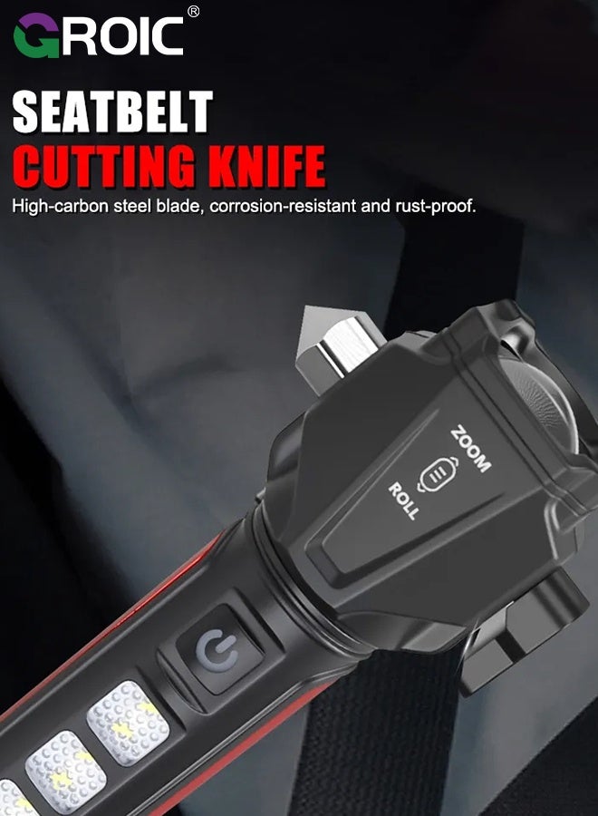 GROIC Multi-Functional LED Flashlight with Safety Hammer, Rechargeable Zoomable Torch with COB Side Light, Waterproof Emergency Flashlight for Outdoor, Camping and Car Use, Handheld Self Defense Torch - Image 1