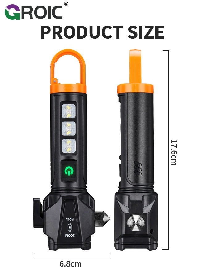 GROIC Multi-Functional LED Flashlight with Safety Hammer, Rechargeable Zoomable Torch with COB Side Light, Waterproof Emergency Flashlight for Outdoor, Camping and Car Use, Handheld Self Defense Torch - Image 2