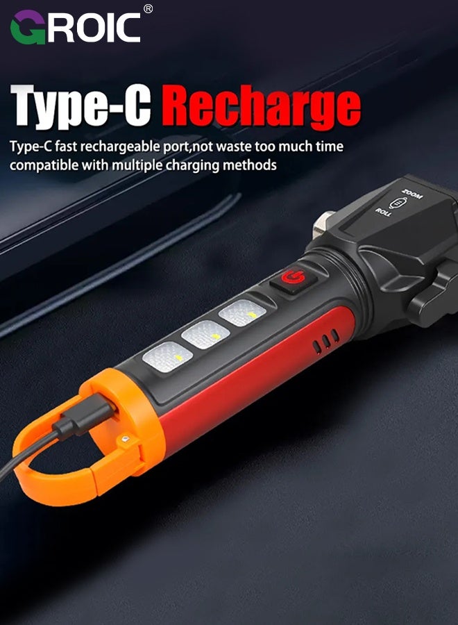 GROIC Multi-Functional LED Flashlight with Safety Hammer, Rechargeable Zoomable Torch with COB Side Light, Waterproof Emergency Flashlight for Outdoor, Camping and Car Use, Handheld Self Defense Torch - Image 5