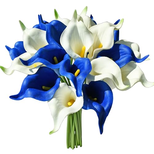 Mandy's PU Blue and White Calla Lily Artificial Flowers 20 Stems 13.5in Faux Realistic Centerpiece DIY Bridal Bouquet Home Décor - Image 1