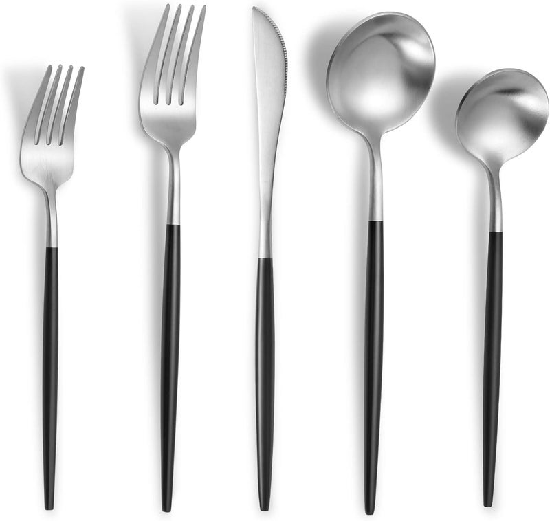 Lemeya Matte Black Silver Silverware Set for 4Modern Stainless Steel Brushed Cutlery Set20Pieces Heavy Duty Flatware SetKnives Spoons and Forks Set Utensils Set Satin Finish Dishwasher Safe - Image 1
