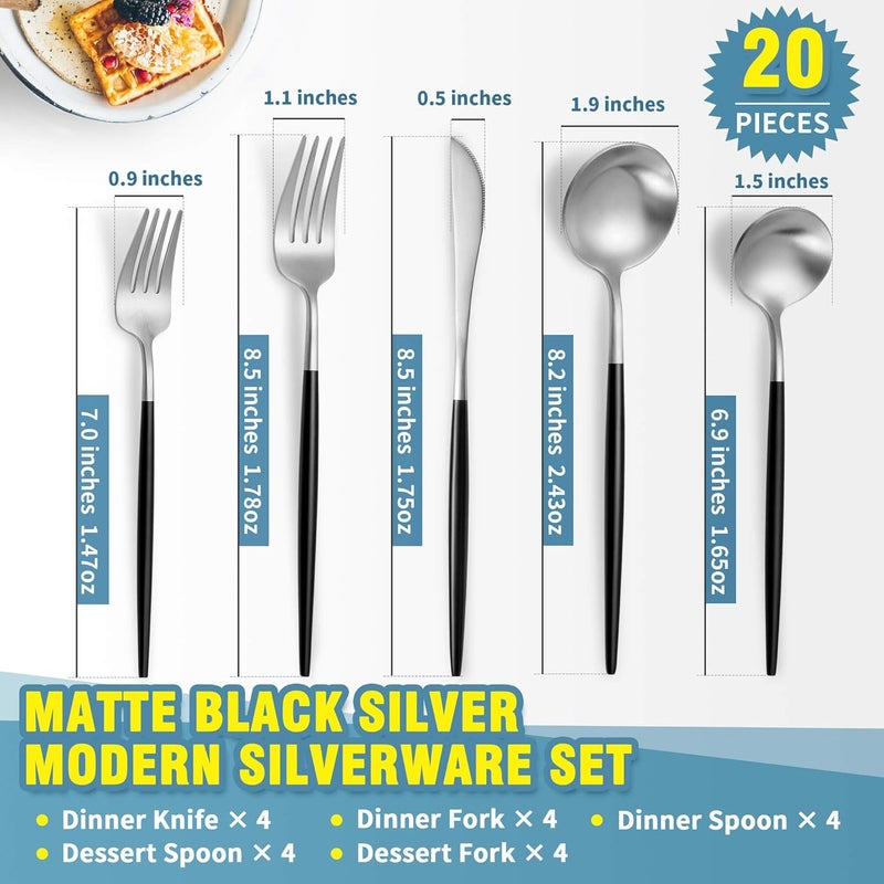 Lemeya Matte Black Silver Silverware Set for 4Modern Stainless Steel Brushed Cutlery Set20Pieces Heavy Duty Flatware SetKnives Spoons and Forks Set Utensils Set Satin Finish Dishwasher Safe - Image 2