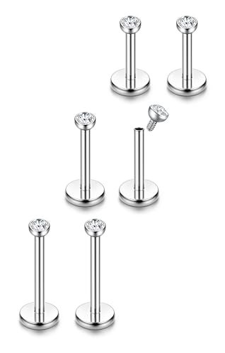 ORAZIO Silver Flat Back Stud Earrings, 18G 316L Surgical Steel Internal Thread CZ Studs Hypoallergenic Conch Cartilage Helix Tragus Piercing Jewelry Lip Labret Medusa Nose Studs for Women Men S Set - Image 1