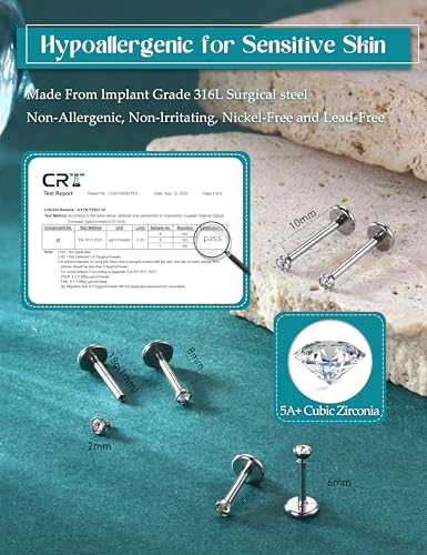 ORAZIO Silver Flat Back Stud Earrings, 18G 316L Surgical Steel Internal Thread CZ Studs Hypoallergenic Conch Cartilage Helix Tragus Piercing Jewelry Lip Labret Medusa Nose Studs for Women Men S Set - Image 3