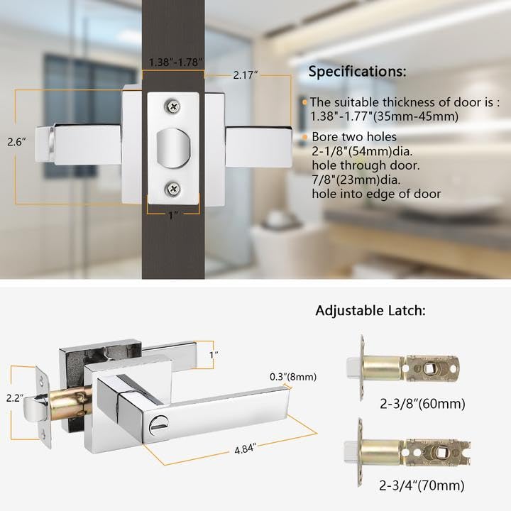 Probrico Heavy Duty Privacy Door Handle Lever with Contemporary Square Design for Home Bedroom or Bathroom in Polished Chrome [Universal Handing] 1 Pack - Image 5