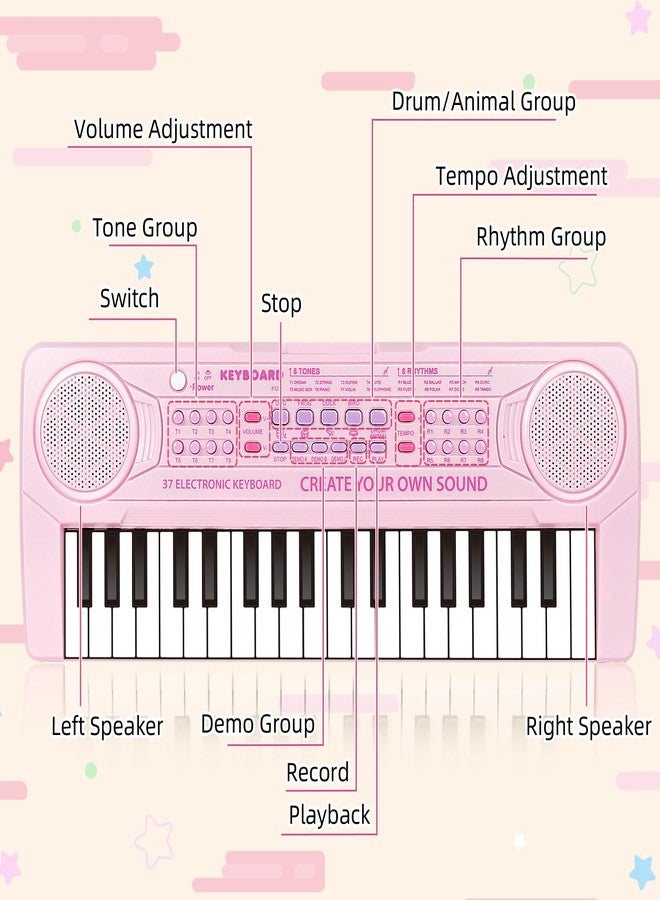 أم سانميرسن لوحة مفاتيح بيانو للأطفال من M SANMERSEN، لوحة مفاتيح موسيقية مكونة من 37 مفتاحًا مع ميكروفون، لوحة مفاتيح بيانو إلكترونية محمولة بمكبر صوت مزدوج، هدية عيد ميلاد للفتيات المبتدئات من سن 3 و4 و5 و6 سنوات، لون وردي - Image 4