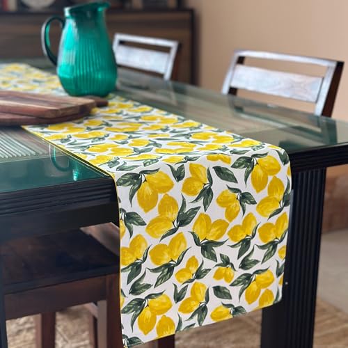 Oak & Lily 100% Cotton Table Runner (34x180cm) | Anti-Skid | Washable | European Quality | Fits 4 & 6 Seater Dining & Centre Table Decor | Yellow & Green Lemon Print - Image 1