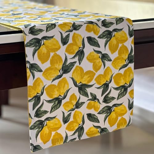 Oak & Lily 100% Cotton Table Runner (34x180cm) | Anti-Skid | Washable | European Quality | Fits 4 & 6 Seater Dining & Centre Table Decor | Yellow & Green Lemon Print - Image 2