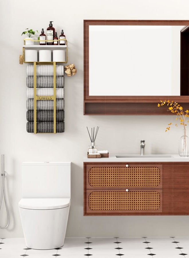 Aetyord Towel Racks for Bathroom - Wall Mounted Metal Rack with Wood Plank, Bathroom Storage Organizer, Towel Holder Stores 6 Large Rolled Towels Easily, Gold with White Plank - Image 2