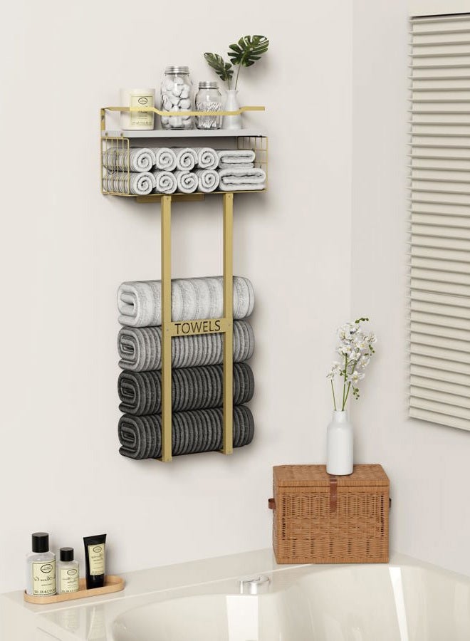 Aetyord Towel Racks for Bathroom - Wall Mounted Metal Rack with Wood Plank, Bathroom Storage Organizer, Towel Holder Stores 6 Large Rolled Towels Easily, Gold with White Plank - Image 4