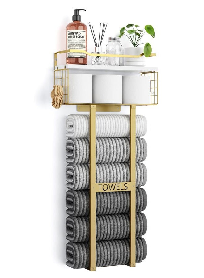 Aetyord Towel Racks for Bathroom - Wall Mounted Metal Rack with Wood Plank, Bathroom Storage Organizer, Towel Holder Stores 6 Large Rolled Towels Easily, Gold with White Plank - Image 1