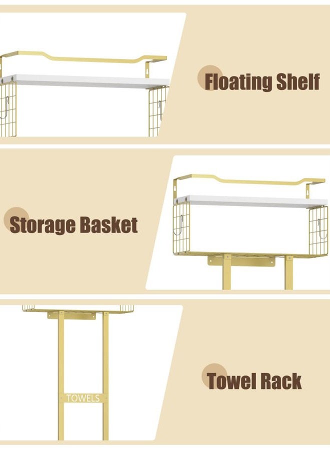 Aetyord Towel Racks for Bathroom - Wall Mounted Metal Rack with Wood Plank, Bathroom Storage Organizer, Towel Holder Stores 6 Large Rolled Towels Easily, Gold with White Plank - Image 5