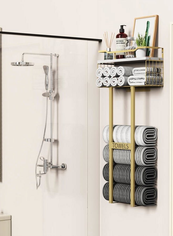 Aetyord Towel Racks for Bathroom - Wall Mounted Metal Rack with Wood Plank, Bathroom Storage Organizer, Towel Holder Stores 6 Large Rolled Towels Easily, Gold with White Plank - Image 3