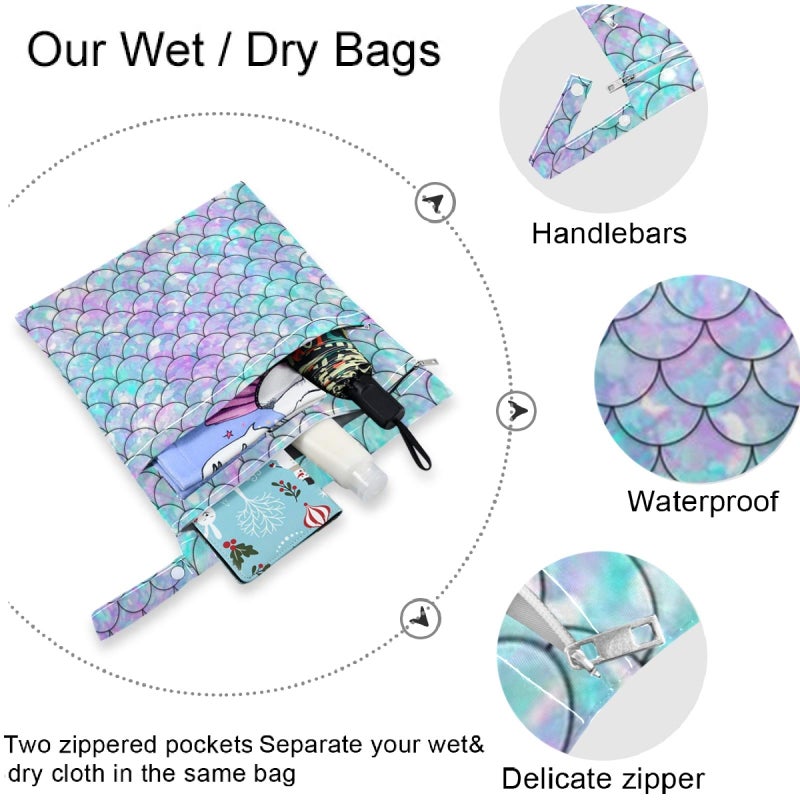 visesunny 2Pcs Wet Bag with Zippered Pockets Beautiful Rainbow Mermaid Scale Washable Reusable Roomy for Travel,Beach,Pool,Daycare,Stroller,Diapers,Dirty Gym Clothes, Wet Swimsuits, Toiletries - Image 5