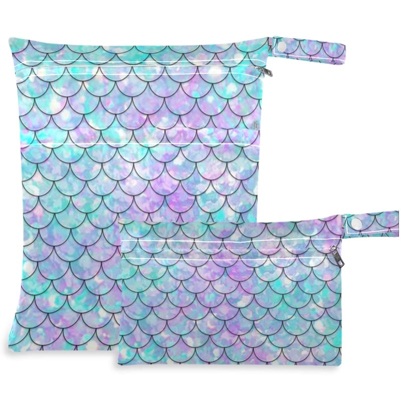 visesunny 2Pcs Wet Bag with Zippered Pockets Beautiful Rainbow Mermaid Scale Washable Reusable Roomy for Travel,Beach,Pool,Daycare,Stroller,Diapers,Dirty Gym Clothes, Wet Swimsuits, Toiletries - Image 1