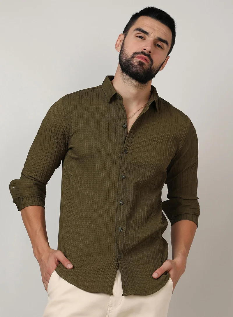 Campus Sutra Men's Olive Green Self-Design Striped Shirt For Casual Wear | Spread Collar | Long Sleeve | Button Closure | Shirt Crafted With Comfort Fit For Everyday Wear