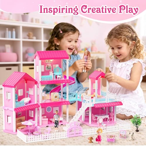 Toylink Pink Doll House for Girls 3Story Villa Playset with Light 3 Dolls Pool Slide Dollhouse Furniture and Accessories Pretend Play Toddler Toys Birthday Gifts for Kids 3 4 5 6 7 8 - Image 5