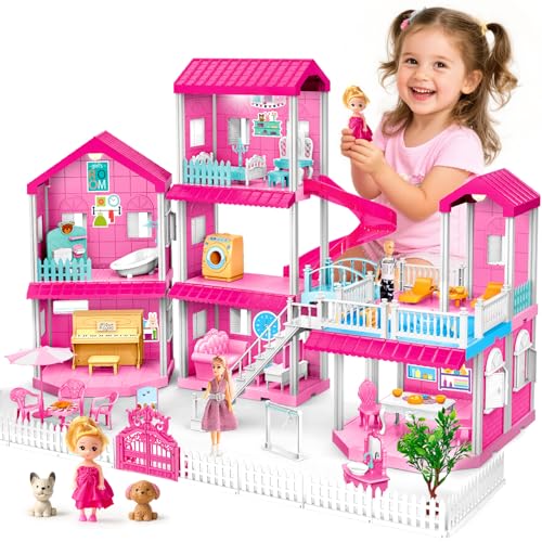 Toylink Pink Doll House for Girls 3Story Villa Playset with Light 3 Dolls Pool Slide Dollhouse Furniture and Accessories Pretend Play Toddler Toys Birthday Gifts for Kids 3 4 5 6 7 8 - Image 1