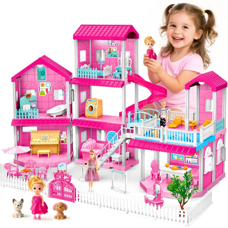 Toylink Pink Doll House for Girls 3Story Villa Playset with Light 3 Dolls Pool Slide Dollhouse Furniture and Accessories Pretend Play Toddler Toys Birthday Gifts for Kids 3 4 5 6 7 8 - Image 3