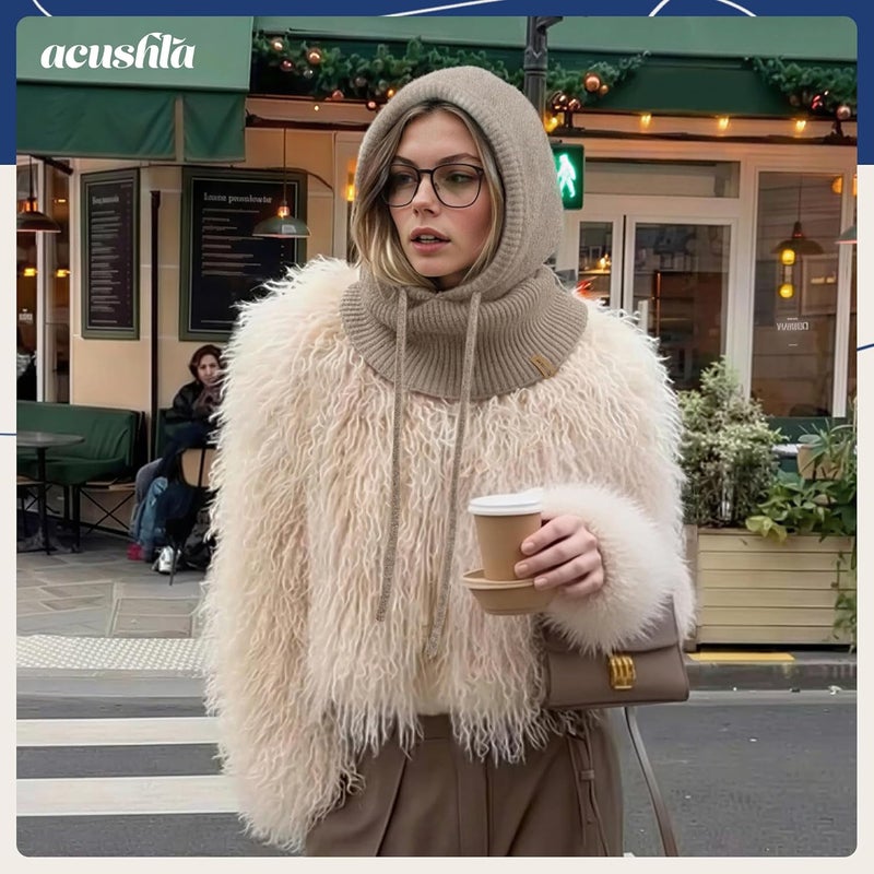 ACUSHLA 100% Merino Wool Balaclava for Women & Men Winter Warm Knit Hooded Scarf Hoodie Hat and Scarf Set in One - Image 2