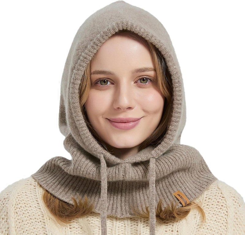 ACUSHLA 100% Merino Wool Balaclava for Women & Men Winter Warm Knit Hooded Scarf Hoodie Hat and Scarf Set in One - Image 1