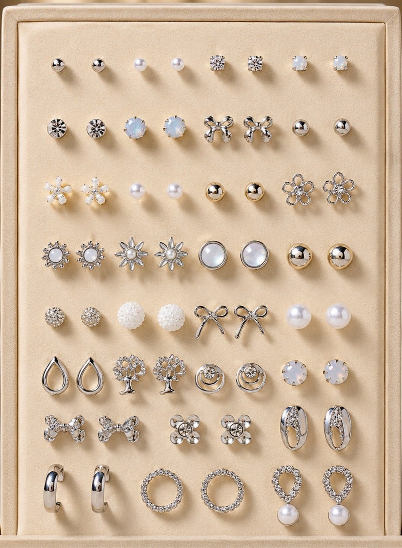 36-Pair Stud Earrings Set for Women and Girls – Elegant and Casual Designs in Silver and Pearl Styles – Perfect for Daily Wear and Gifting - Image 2