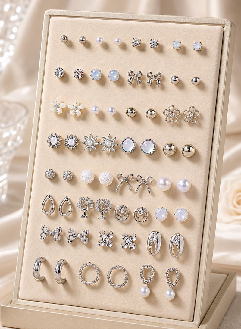 36-Pair Stud Earrings Set for Women and Girls – Elegant and Casual Designs in Silver and Pearl Styles – Perfect for Daily Wear and Gifting - Image 1