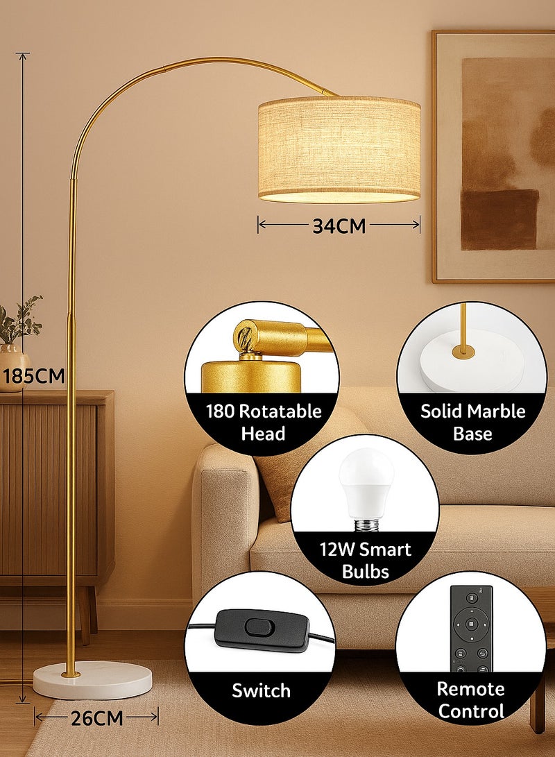 Fullight Modern Arc Floor Lamp, Gold, 185x38 cm, Adjustable Height, App & Remote Control, 3-Level Dimmable, 12W LED, E27, Marble Base, for Living Room, Bedroom, Office - Image 5