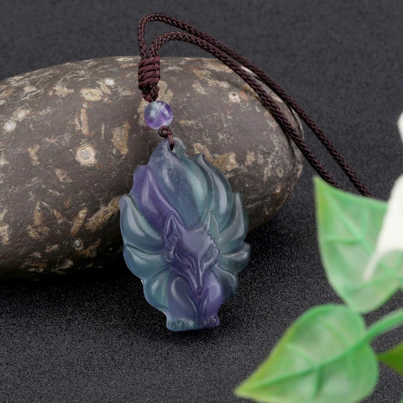 Jovivi Natural Fluorite Nine-Tailed Fox Crystal Necklace Healing Stones Gemstone Necklaces Pendant Protection Amulet Charm - Image 3