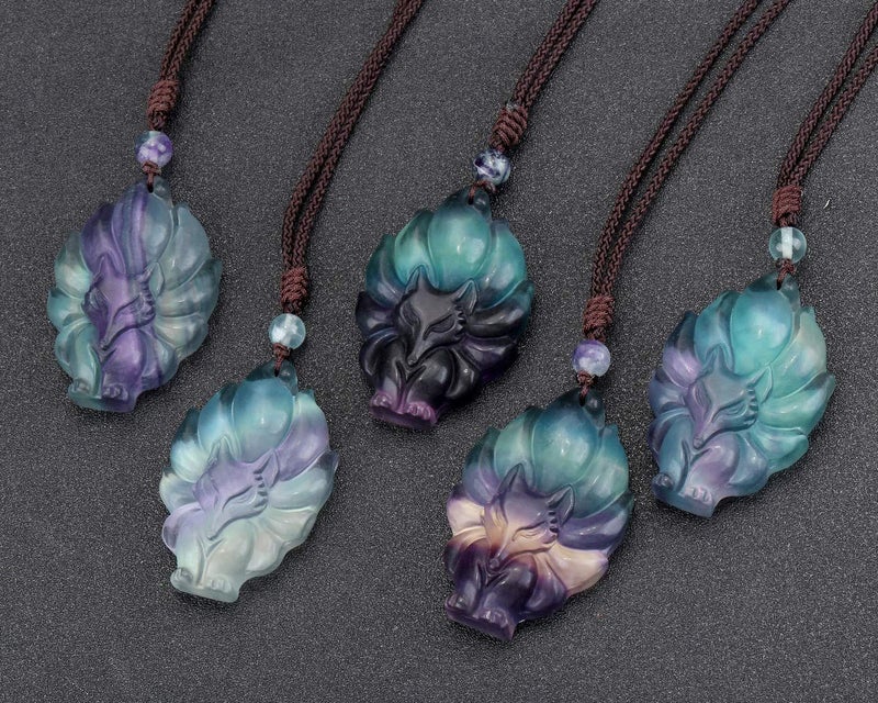 Jovivi Natural Fluorite Nine-Tailed Fox Crystal Necklace Healing Stones Gemstone Necklaces Pendant Protection Amulet Charm - Image 2